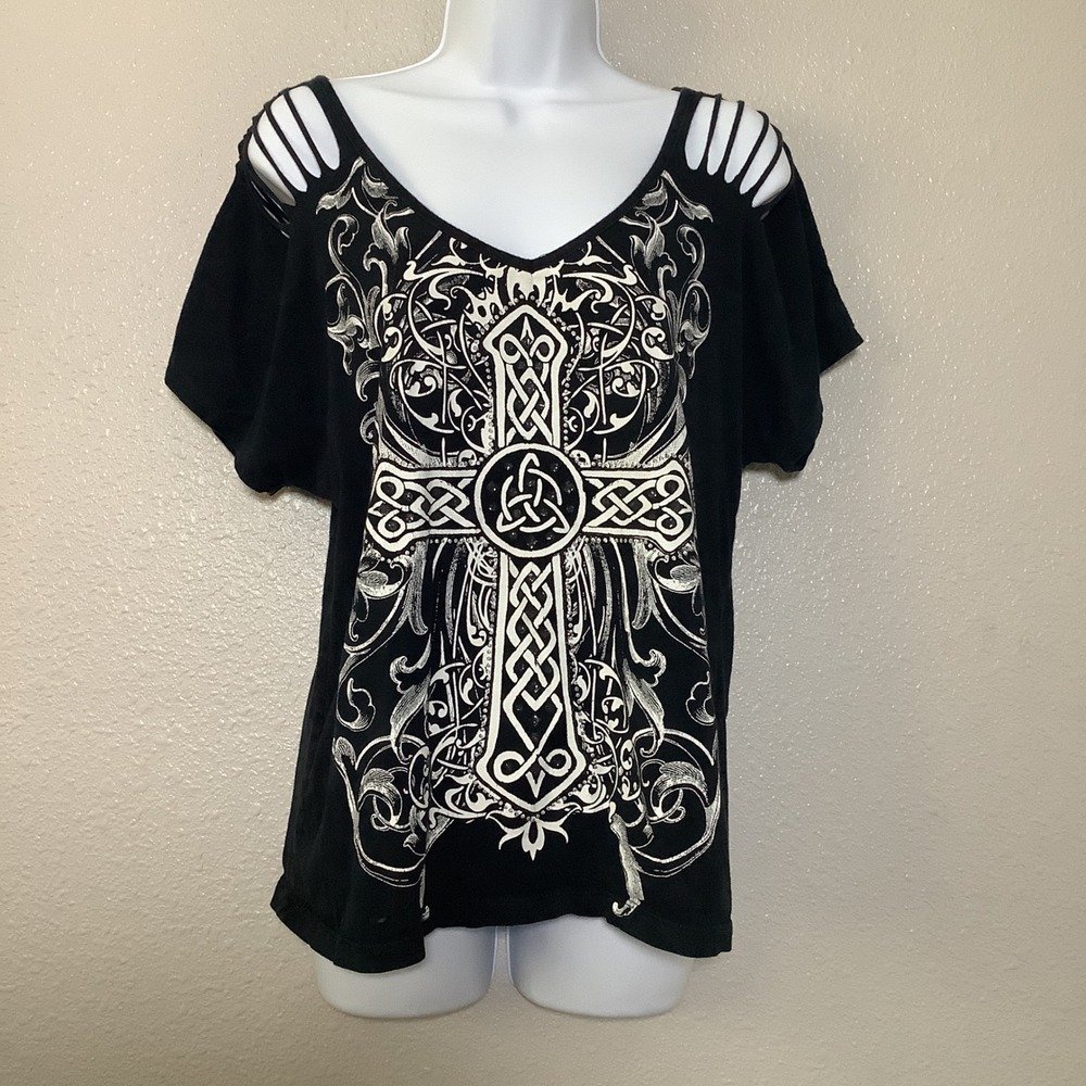 Ransom Vintage Y2K Black Celtic Cross Angel Wings Punk Emo Scene Distress Top 1X